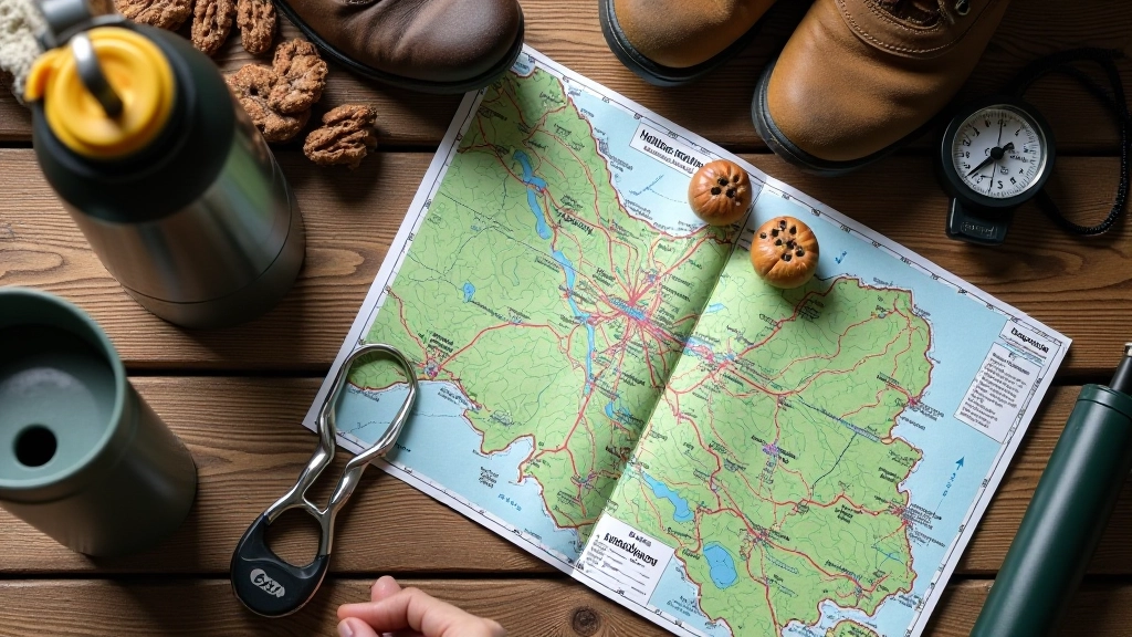 Žygio ruošimasis — vanduo, sausvalgis, žemėlapis ir gerai žymėtas šiltas drabužis stalas